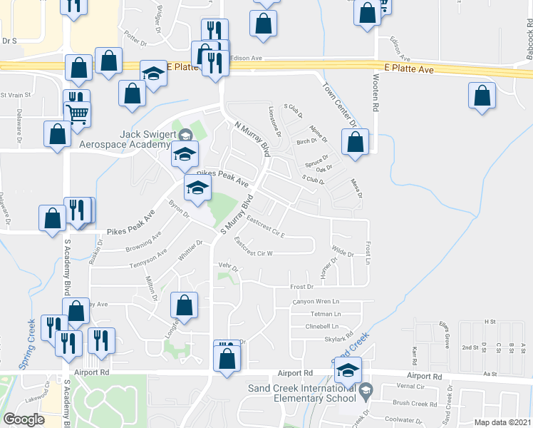 map of restaurants, bars, coffee shops, grocery stores, and more near 4467 East Pikes Peak Avenue in Colorado Springs