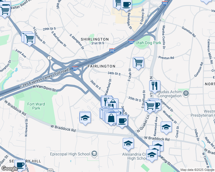 map of restaurants, bars, coffee shops, grocery stores, and more near 3522 South Wakefield Street in Arlington