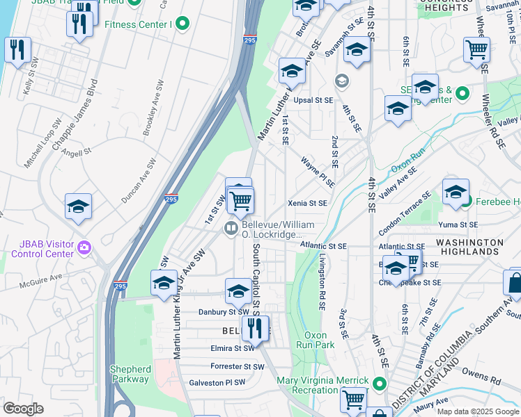 map of restaurants, bars, coffee shops, grocery stores, and more near 3871 Halley Terrace Southeast in Washington