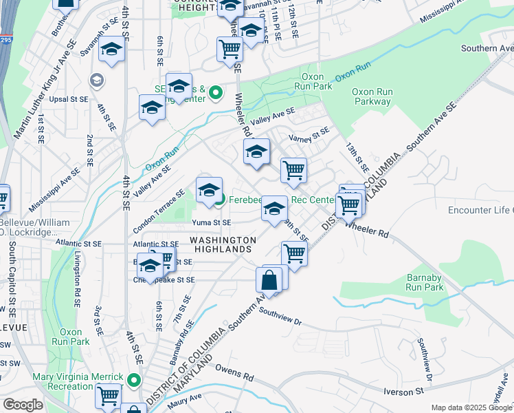 map of restaurants, bars, coffee shops, grocery stores, and more near 851 Xenia Street Southeast in Washington