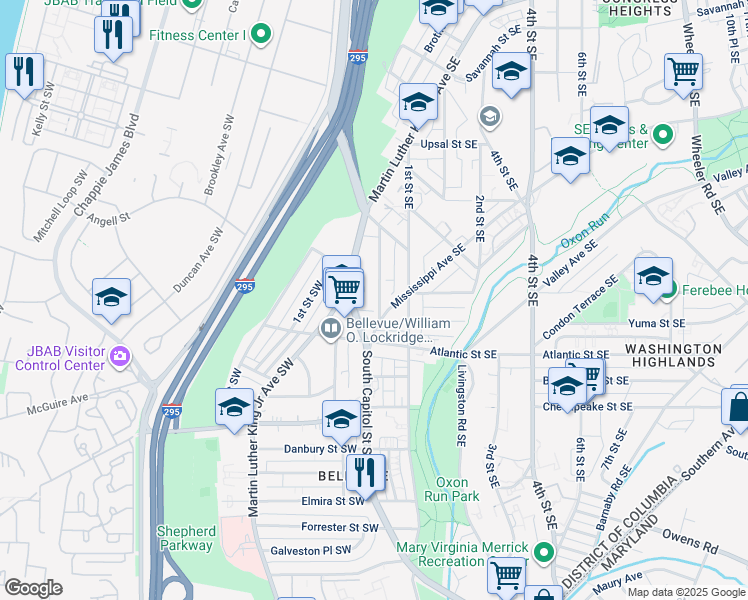 map of restaurants, bars, coffee shops, grocery stores, and more near 3871 Halley Terrace Southeast in Washington