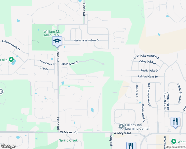 map of restaurants, bars, coffee shops, grocery stores, and more near 1846 Queen Anne Court in Wentzville