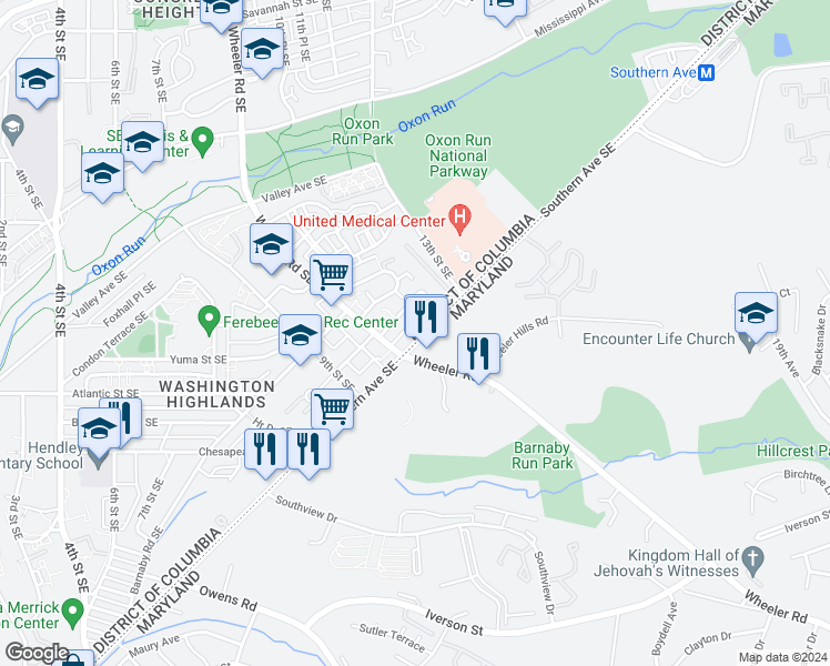 map of restaurants, bars, coffee shops, grocery stores, and more near 1018 Southern Avenue Southeast in Washington