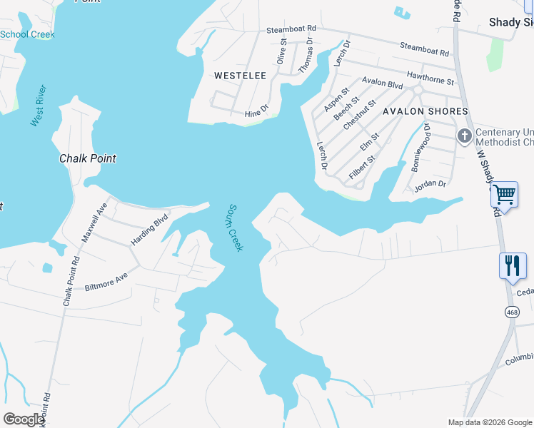 map of restaurants, bars, coffee shops, grocery stores, and more near 1258 West River Road in Shady Side