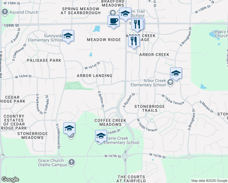 map of restaurants, bars, coffee shops, grocery stores, and more near 16925 West 162nd Street in Olathe