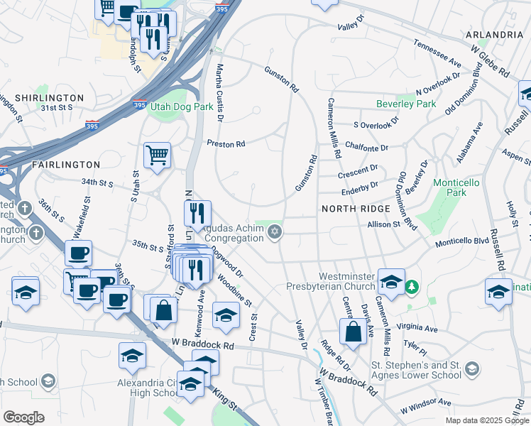 map of restaurants, bars, coffee shops, grocery stores, and more near 3235 Martha Custis Drive in Alexandria