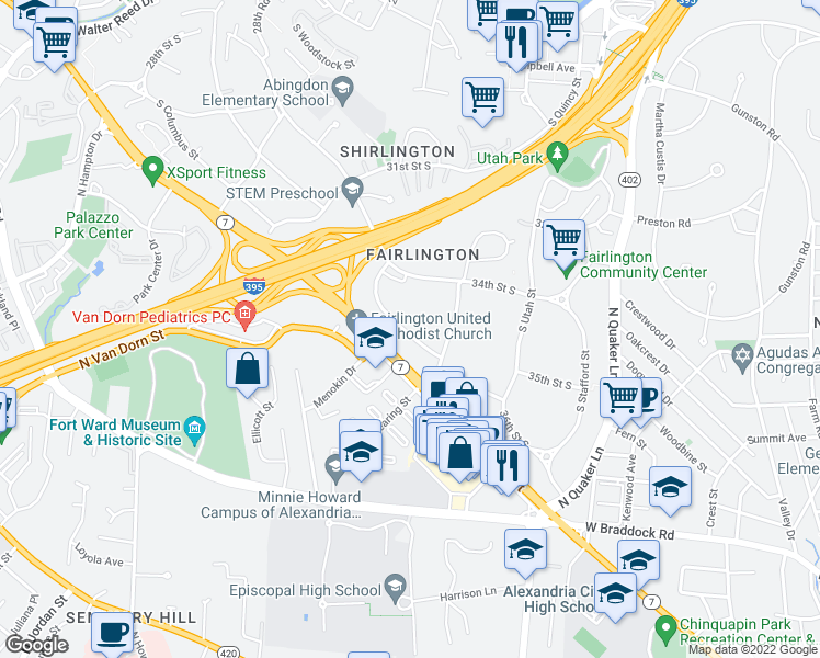 map of restaurants, bars, coffee shops, grocery stores, and more near 4633 36th Street South in Arlington