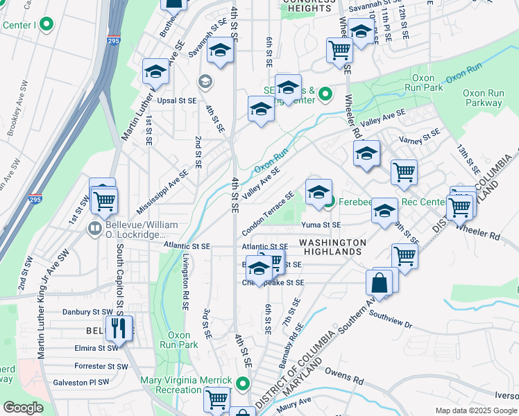 map of restaurants, bars, coffee shops, grocery stores, and more near 445 Xenia Street Southeast in Washington