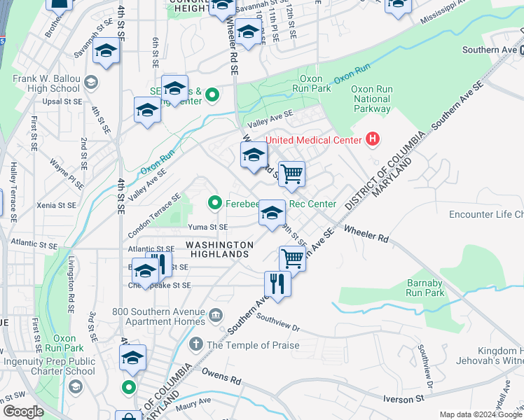 map of restaurants, bars, coffee shops, grocery stores, and more near 865 Xenia Street Southeast in Washington