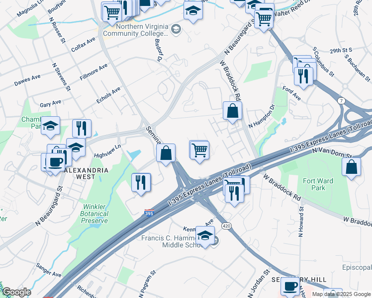 map of restaurants, bars, coffee shops, grocery stores, and more near 5001 Seminary Road in Alexandria