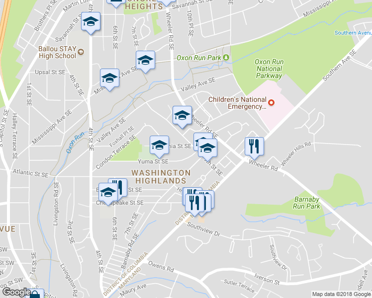 map of restaurants, bars, coffee shops, grocery stores, and more near 851 Xenia Street Southeast in Washington