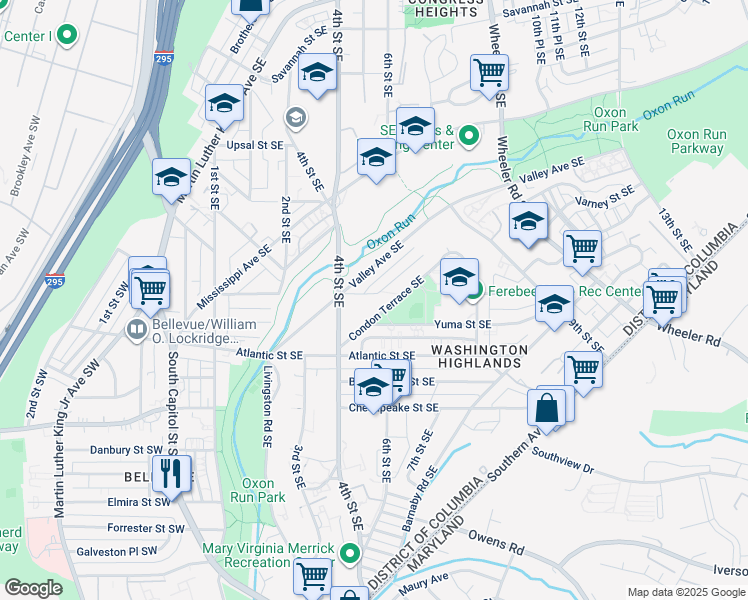 map of restaurants, bars, coffee shops, grocery stores, and more near 445 Xenia Street Southeast in Washington