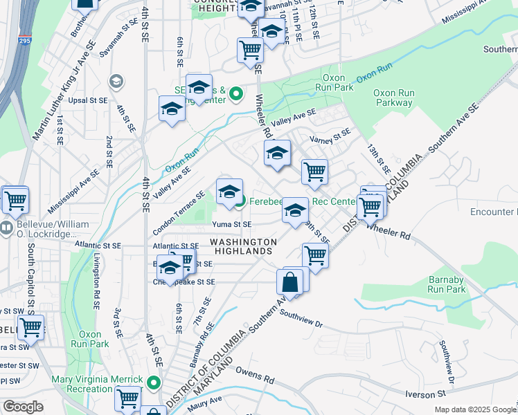 map of restaurants, bars, coffee shops, grocery stores, and more near 825 Xenia Street Southeast in Washington