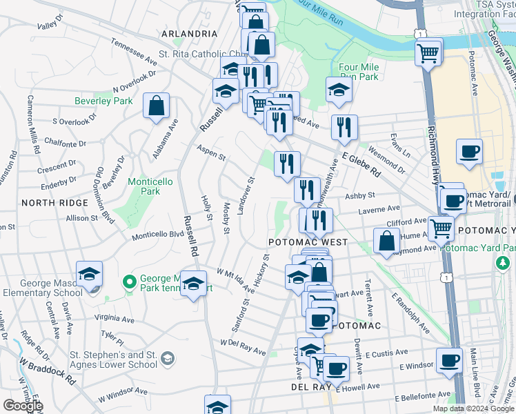 map of restaurants, bars, coffee shops, grocery stores, and more near 2957 Sycamore Street in Alexandria