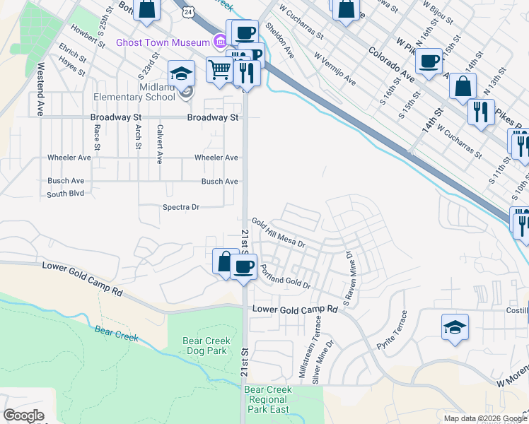map of restaurants, bars, coffee shops, grocery stores, and more near 1930 Calle De Seville in Colorado Springs