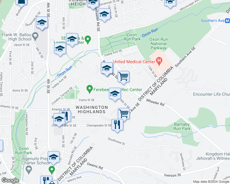 map of restaurants, bars, coffee shops, grocery stores, and more near 3876 9th Street Southeast in Washington