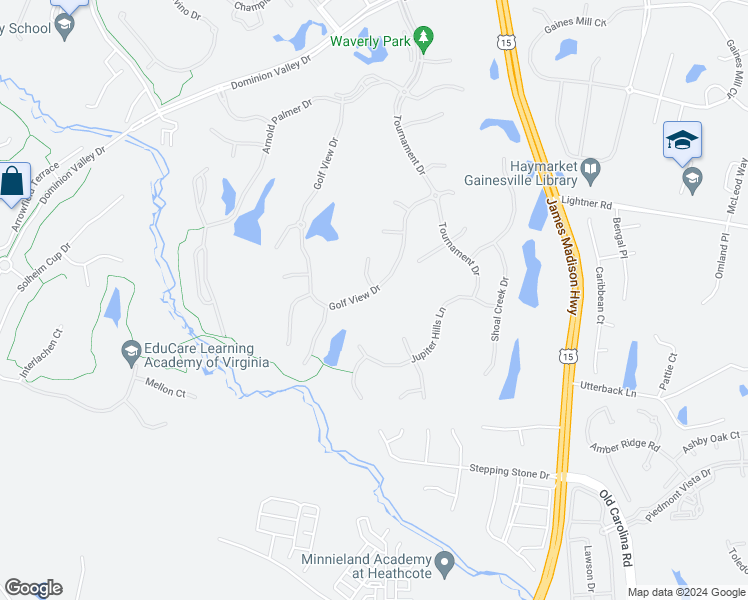 map of restaurants, bars, coffee shops, grocery stores, and more near 15177 Golf View Drive in Haymarket