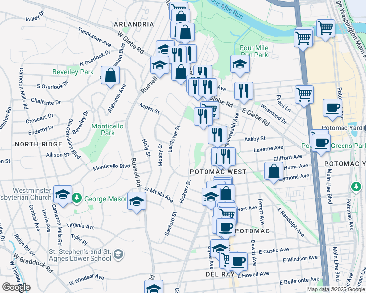 map of restaurants, bars, coffee shops, grocery stores, and more near 2957 Sycamore Street in Alexandria