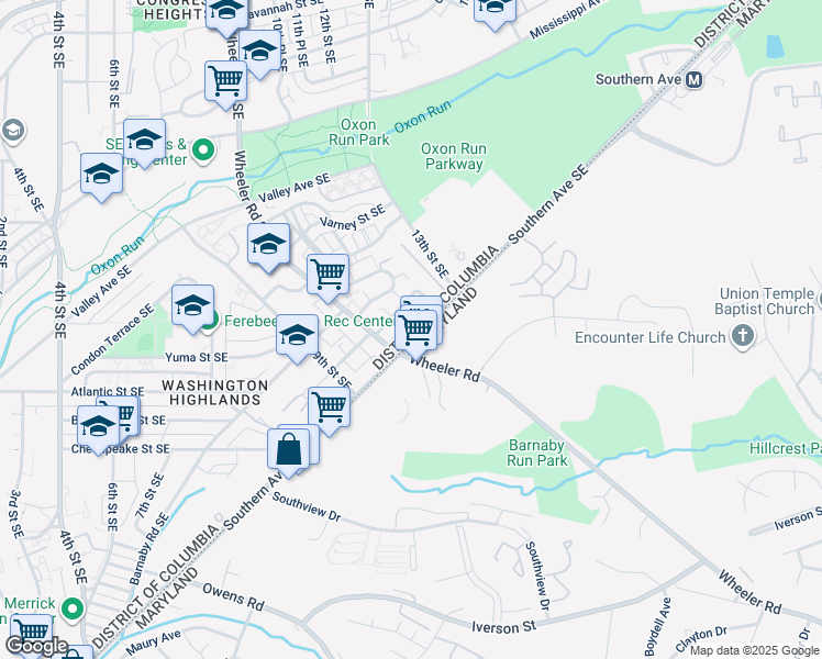 map of restaurants, bars, coffee shops, grocery stores, and more near 1018 Southern Avenue Southeast in Washington
