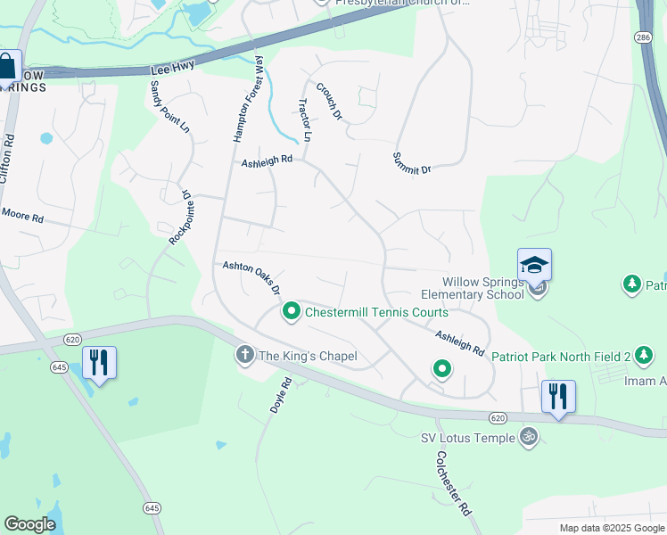 map of restaurants, bars, coffee shops, grocery stores, and more near 12808 Hamlet Hill Way in Fairfax