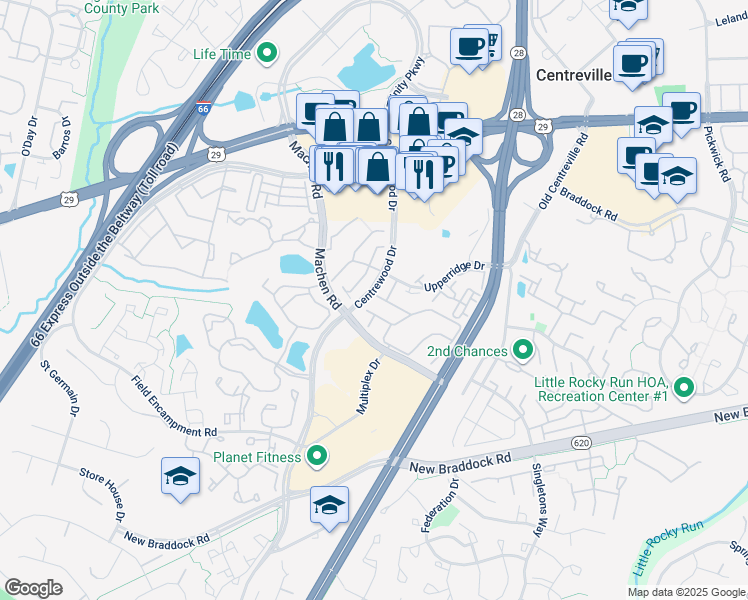 map of restaurants, bars, coffee shops, grocery stores, and more near 14239 Beddingfield Way in Centreville