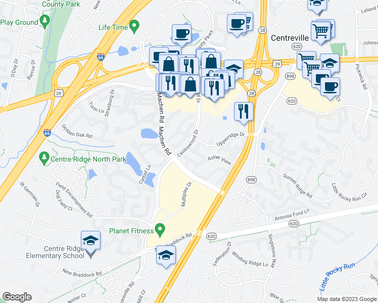 map of restaurants, bars, coffee shops, grocery stores, and more near 14239 Beddingfield Way in Centreville