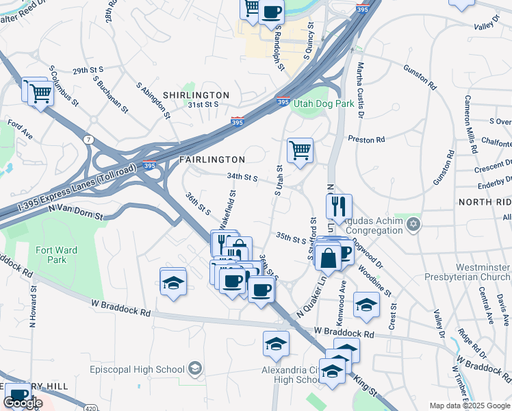 map of restaurants, bars, coffee shops, grocery stores, and more near 3460 South Utah Street in Arlington