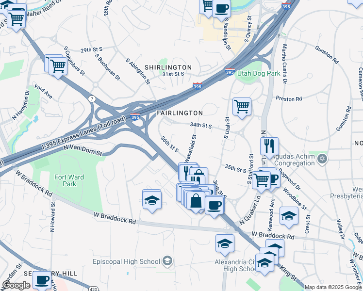 map of restaurants, bars, coffee shops, grocery stores, and more near 3524 South Wakefield Street in Arlington
