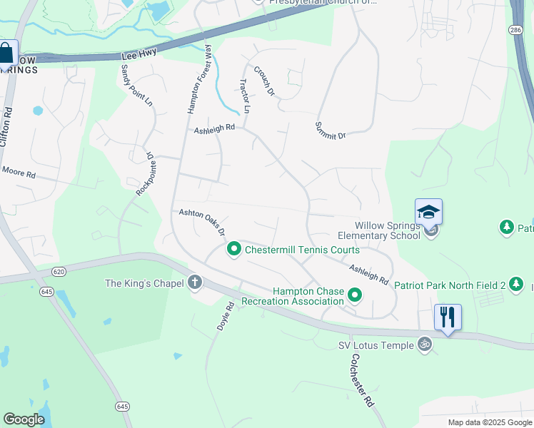 map of restaurants, bars, coffee shops, grocery stores, and more near 12808 Hamlet Hill Way in Fairfax