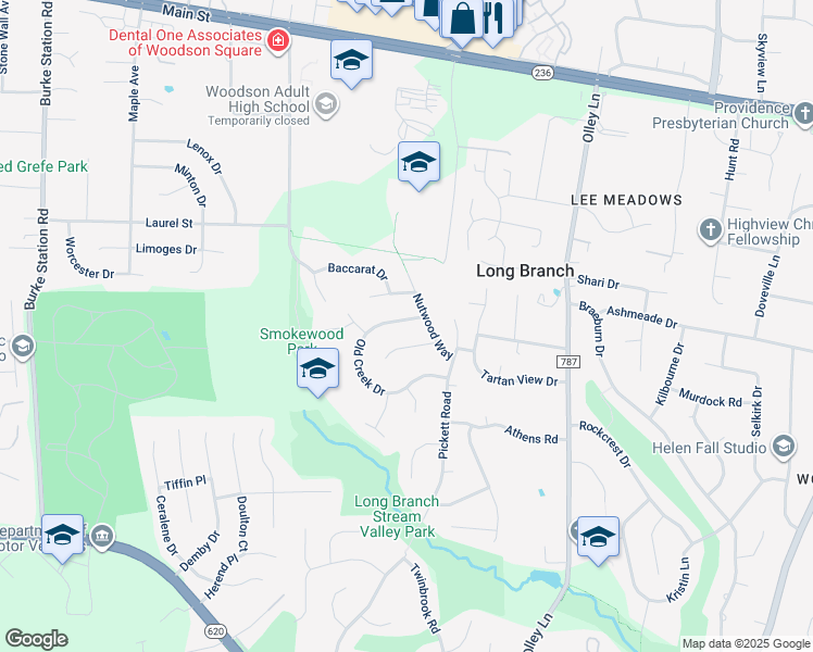 map of restaurants, bars, coffee shops, grocery stores, and more near 9505 Old Creek Drive in Fairfax