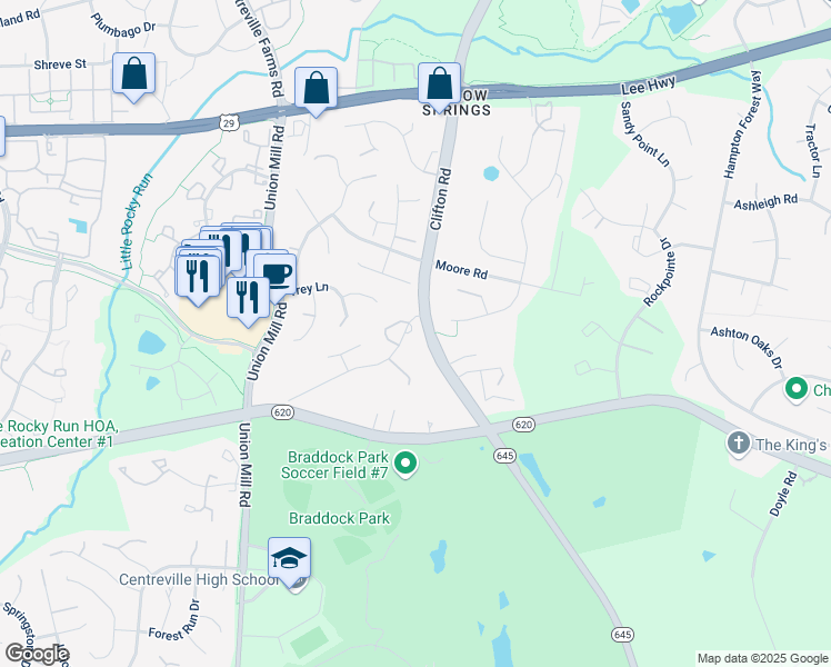 map of restaurants, bars, coffee shops, grocery stores, and more near 5625 Old Clifton Road in Clifton