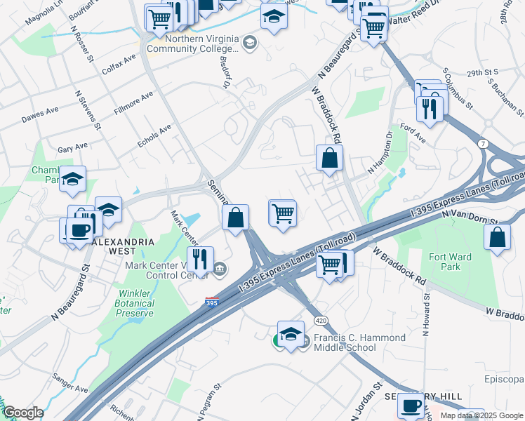 map of restaurants, bars, coffee shops, grocery stores, and more near 5001 Seminary Road in Alexandria