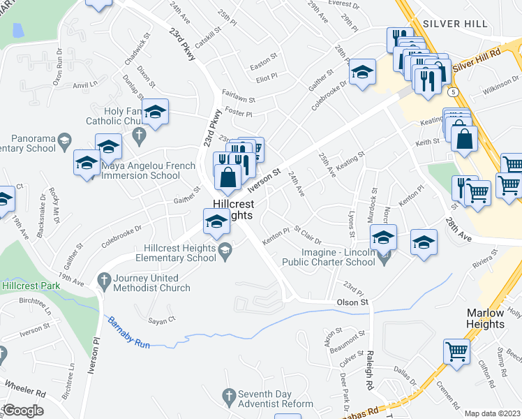 map of restaurants, bars, coffee shops, grocery stores, and more near 2313 Jameson Street in Temple Hills