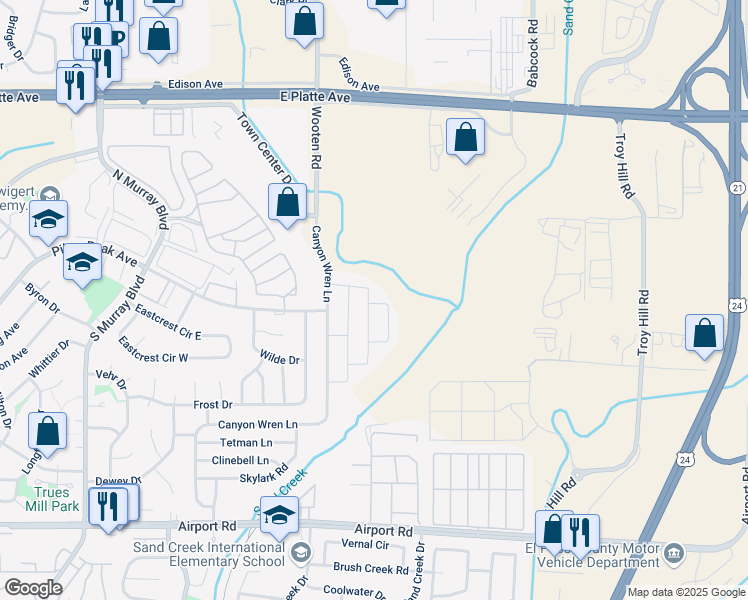 map of restaurants, bars, coffee shops, grocery stores, and more near 70 Wooten Road in Colorado Springs