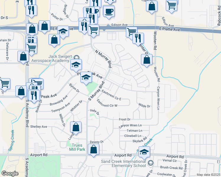 map of restaurants, bars, coffee shops, grocery stores, and more near 4467 East Pikes Peak Avenue in Colorado Springs