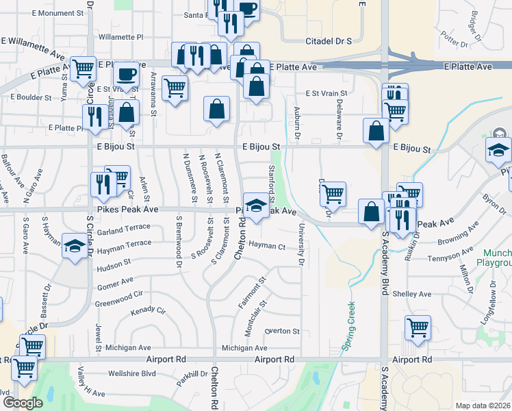 map of restaurants, bars, coffee shops, grocery stores, and more near 23 North Chelton Road in Colorado Springs