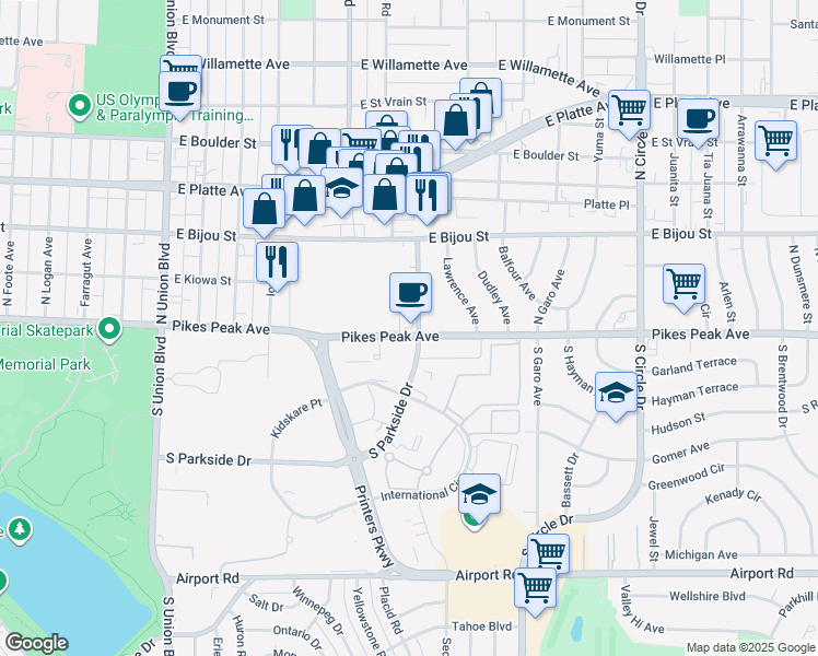 map of restaurants, bars, coffee shops, grocery stores, and more near 1156 East Pikes Peak Avenue in Colorado Springs