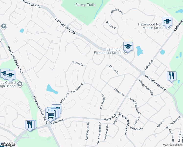 map of restaurants, bars, coffee shops, grocery stores, and more near 4150 Bugle Bend Drive in Florissant