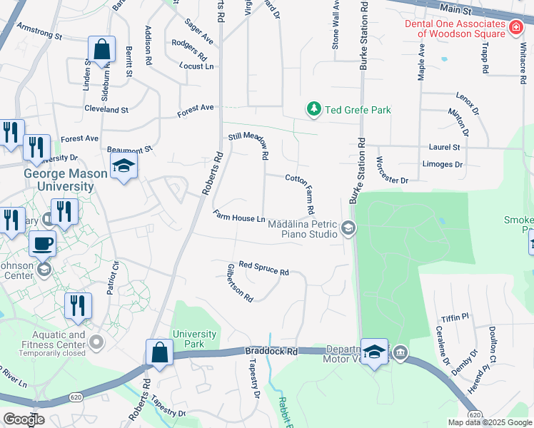 map of restaurants, bars, coffee shops, grocery stores, and more near 4343 Still Meadow Road in Fairfax
