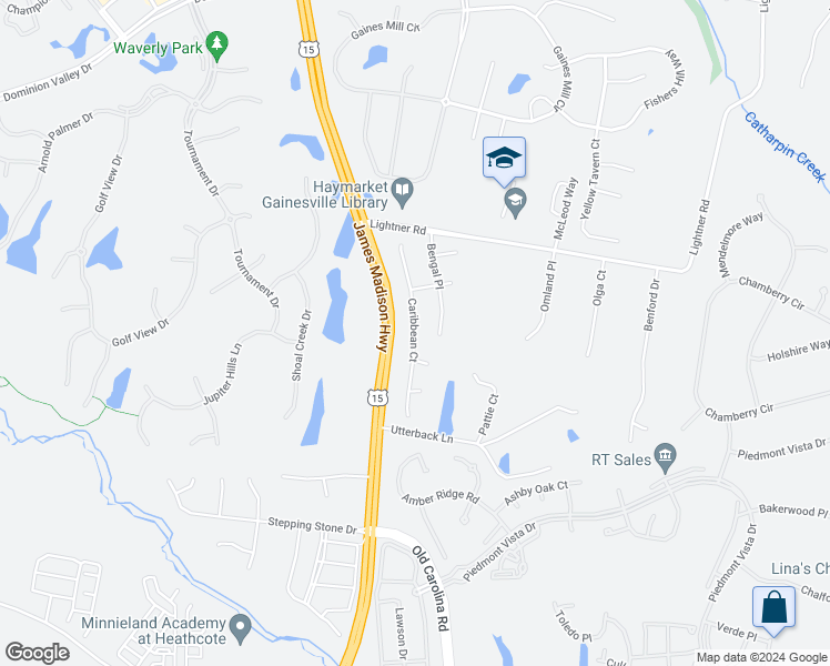 map of restaurants, bars, coffee shops, grocery stores, and more near 5704 Caribbean Court in Haymarket