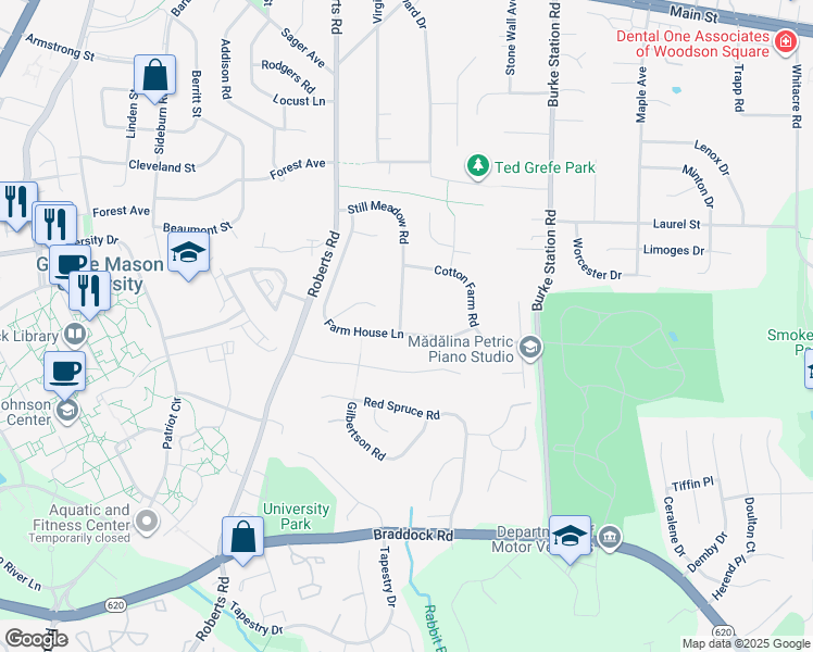 map of restaurants, bars, coffee shops, grocery stores, and more near 4343 Still Meadow Road in Fairfax