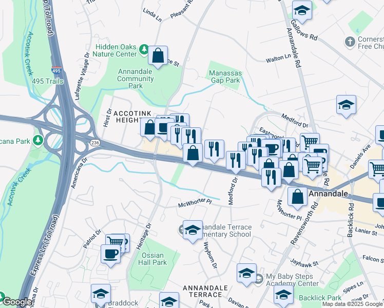 map of restaurants, bars, coffee shops, grocery stores, and more near 7600 Little River Turnpike in Annandale