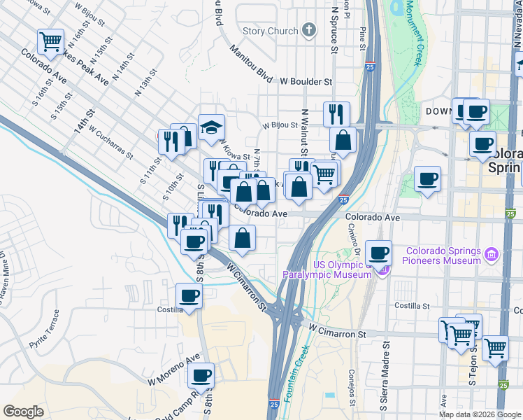map of restaurants, bars, coffee shops, grocery stores, and more near 620 Colorado Avenue in Colorado Springs