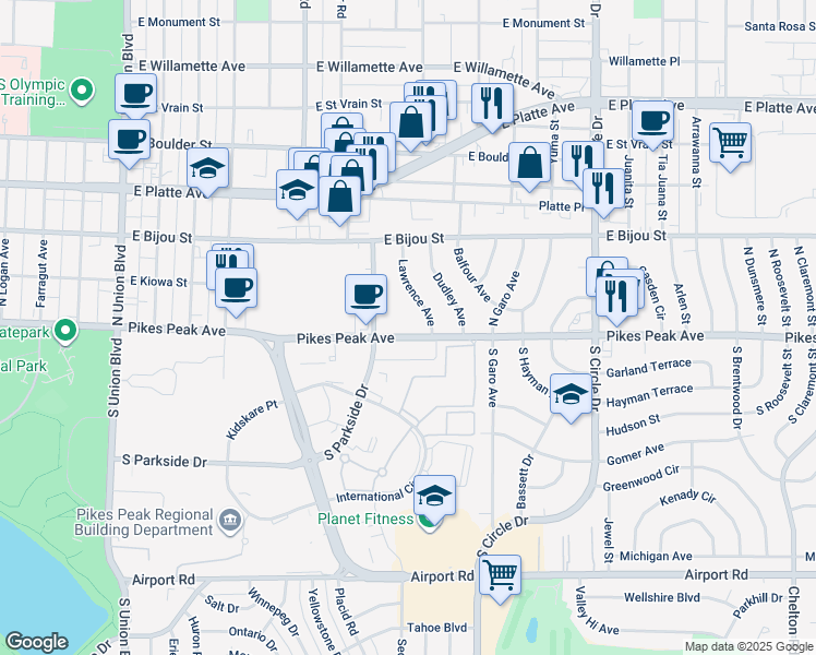 map of restaurants, bars, coffee shops, grocery stores, and more near 14 Lawrence Avenue in Colorado Springs