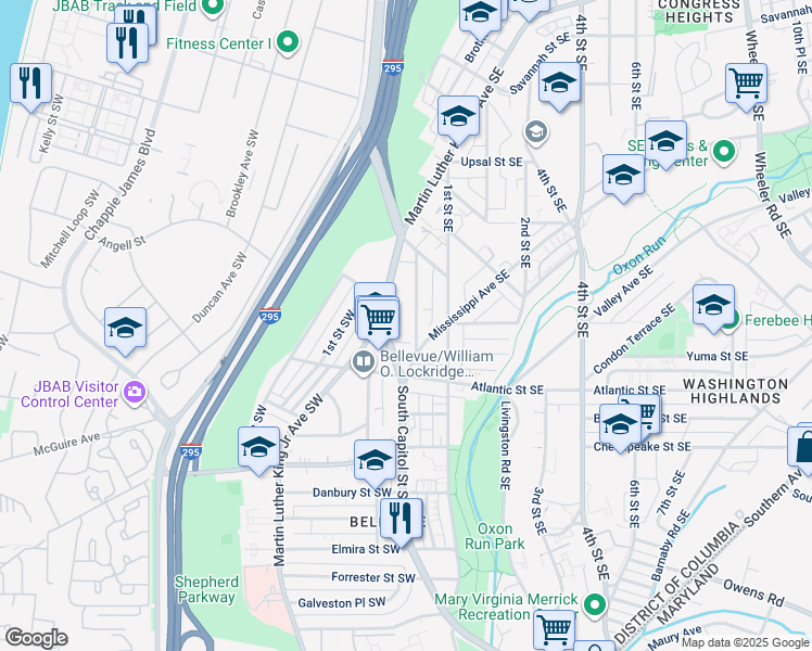map of restaurants, bars, coffee shops, grocery stores, and more near 3865 Halley Terrace Southeast in Washington