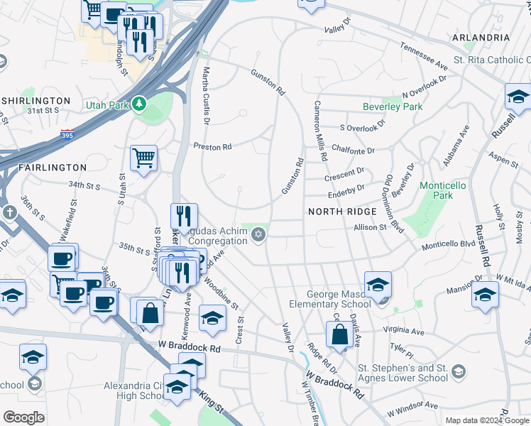 map of restaurants, bars, coffee shops, grocery stores, and more near 3102 Martha Custis Drive in Alexandria