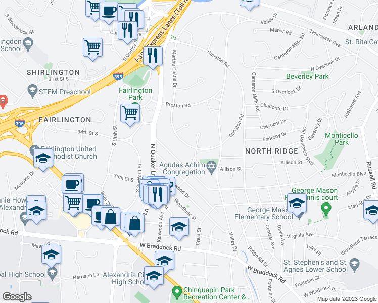 map of restaurants, bars, coffee shops, grocery stores, and more near 3212 Martha Custis Drive in Alexandria