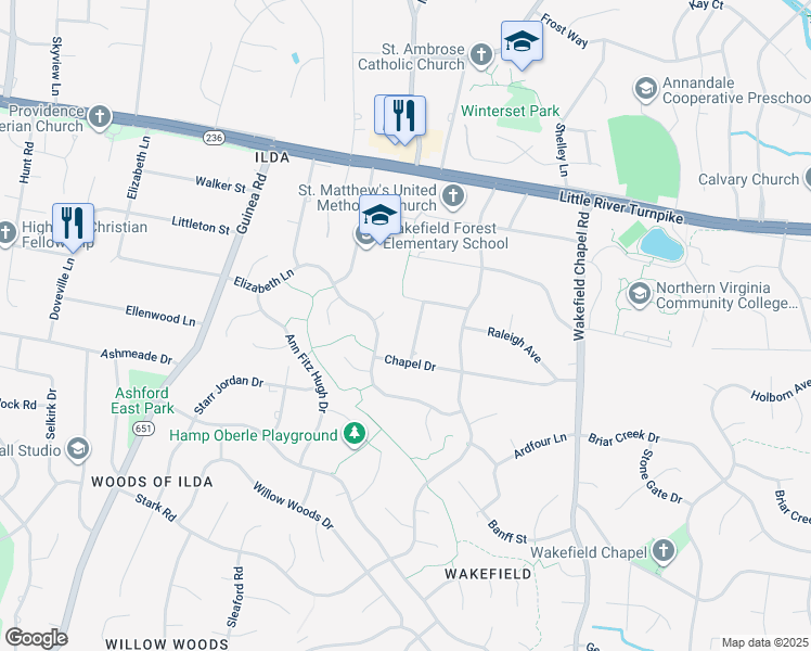 map of restaurants, bars, coffee shops, grocery stores, and more near 4208 Sherando Lane in Annandale