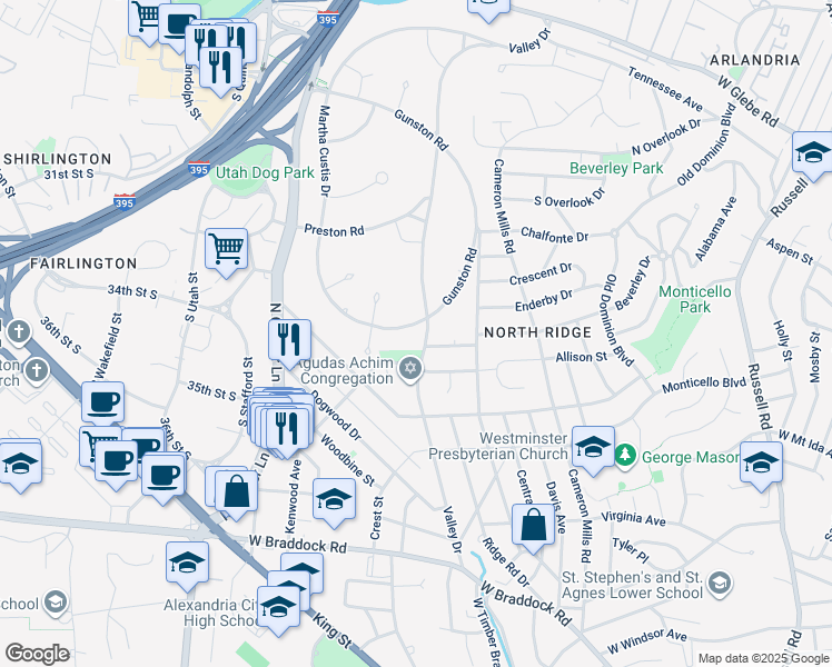 map of restaurants, bars, coffee shops, grocery stores, and more near 3104 Martha Custis Drive in Alexandria