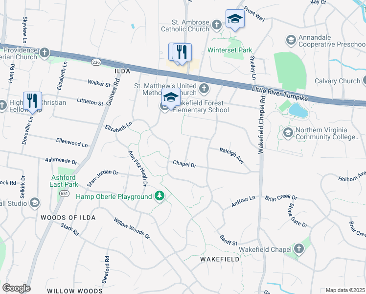 map of restaurants, bars, coffee shops, grocery stores, and more near 4208 Sherando Lane in Annandale